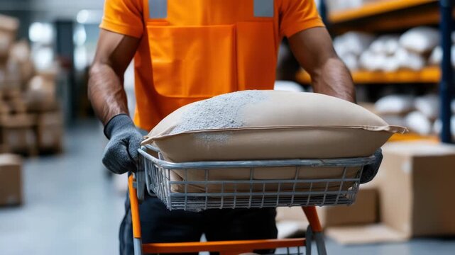 Worker in a bright orange uniform and protective gloves is seen pushing a cart with a large paper bag along a warehouse aisle, getting an order ready for shipping and delivery