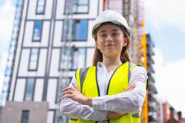 Portrait of young woman construction worker in safety gear standing confidently on building site © Iryna