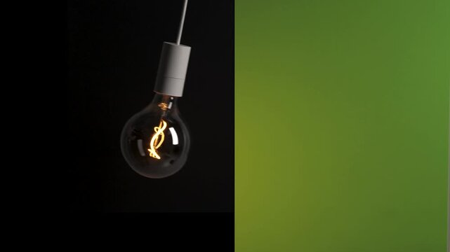 Visual trick: a swaying LED bulb alternates with a filament bulb over a black and green background
