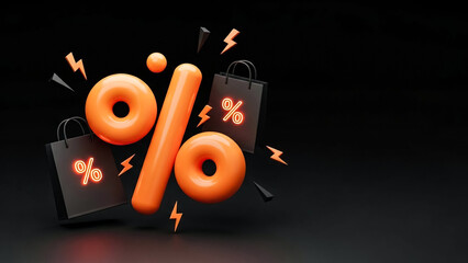 Striking 3d rendering of orange percentage symbols and shopping bags for massive sale promotions on white background