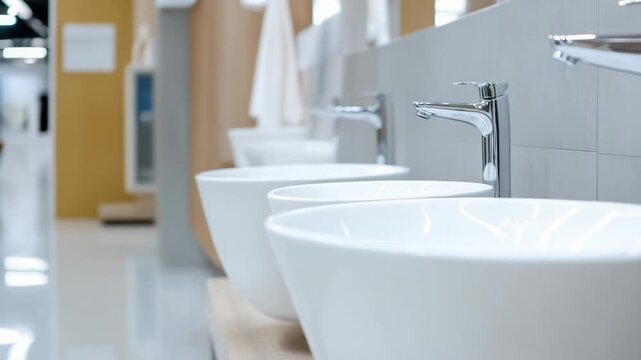 Row of chrome faucets over sleek white ceramic sinks in a showroom display, showcasing contemporary bathroom fixtures for clean, modern home renovation and interior design projects