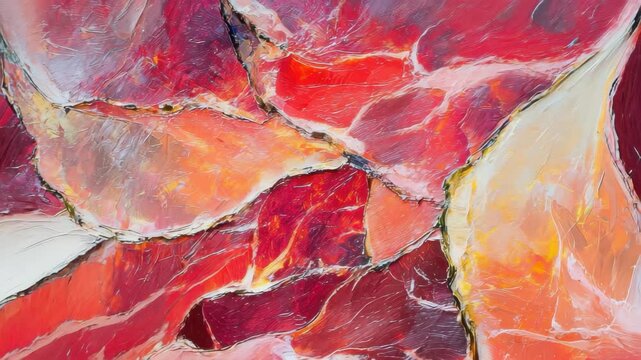 Colorful layers of cured meat displayed in an artistic arrangement in a market setting