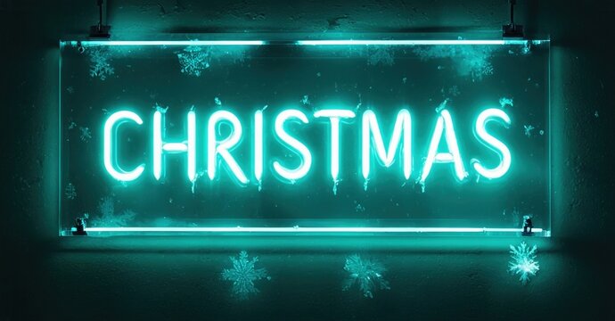 Bright neon sign displays Christmas. Turquoise glow illuminates snowflakes against dark background. Festive, modern design. - Powered by Adobe