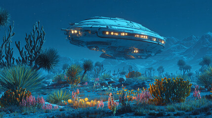 A futuristic spaceship soaring over an alien landscape at night