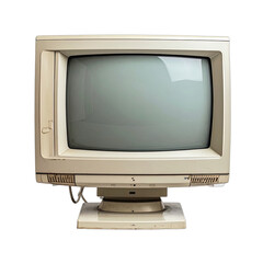 A vintage beige CRT computer monitor displayed against a stark black background.