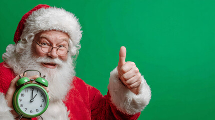 Santa Claus with an alarm clock and a thumbs-up on a green background