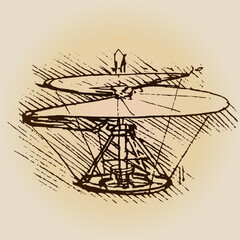 Helicopter project called aerial screw, original drawing by Leonardo Da Vinci, Italian inventor and scientist, vector illustration
