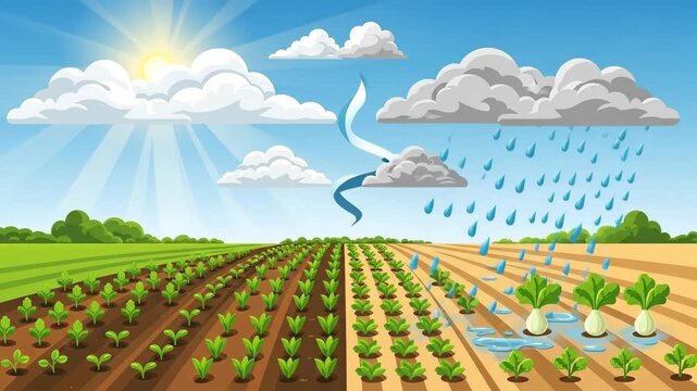 Animated Diagram of the Water Cycle and Plant Growth on a Farm.