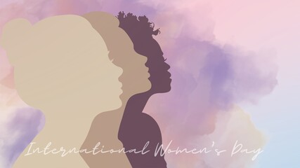 International women's day illustration showing diverse female silhouettes representing empowerment, strength, and equality
