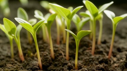 Green seedlings sprouting from soil, symbolizing growth and new life, ideal for agriculture, sustainability, gardening, and time lapse nature concepts.