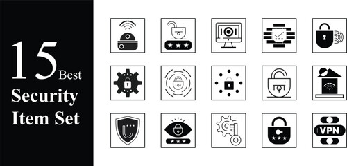 Set of 15 Security Web Icons. Cybersecurity, Protection, Privacy, Safety etc.