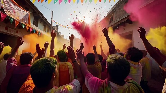 Vibrant Indian Holi Festival: Energetic Crowd Celebrating with Thrown Colorful Gulal Powder, Arms Raised, in a Traditional Street Adorned with Festive Buntings.