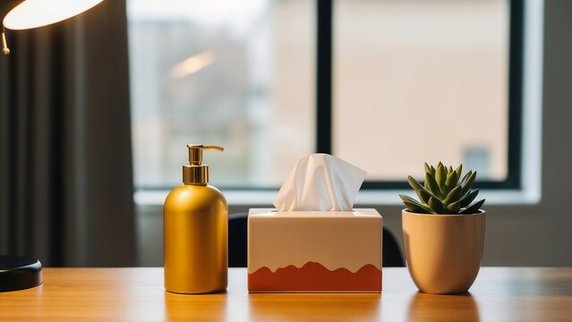 Gold soap dispenser, tissue box, and a small succulent on a wooden desk. Modern office still life with hygiene and personal care items - Powered by Adobe