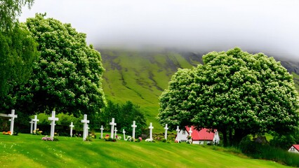 Tranquil morning mist in mountain cemetery