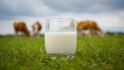 Glass of fresh milk on green grass with cows grazing in background  