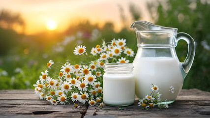 Milk pitcher and jar with daisies on wooden table at sunset  