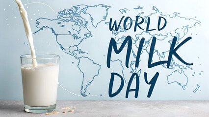 Glass of milk with pouring liquid on decorative world map background  