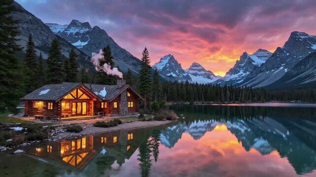 Cozy Winter Cabin by Tranquil Lake with Smoking Chimney &ndash; Snowy Mountains, Pine Trees and Epic Sunset &ndash; Cinematic High-Quality Landscape Video