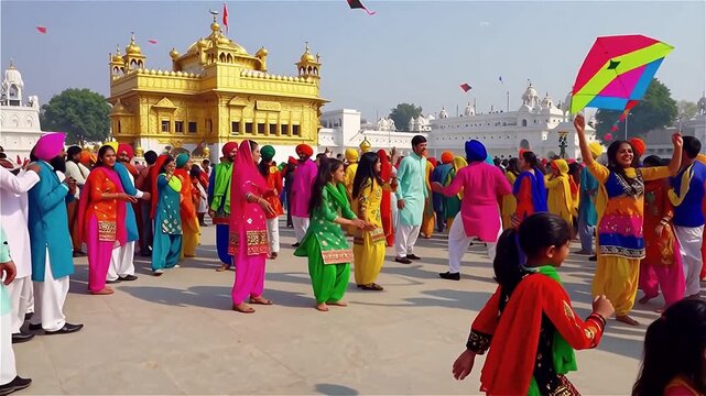 Vibrant Basant Panchami Celebration at a Sikh Temple with People in Traditional Attire Flying Kites and Enjoying Festive Atmosphere.