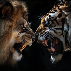 A majestic lion silhouette against the BLACK backdrop, LION KING, POWERFUL AND SAVIOR.	
