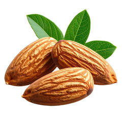 Three whole almonds with green leaves isolated on a black background.