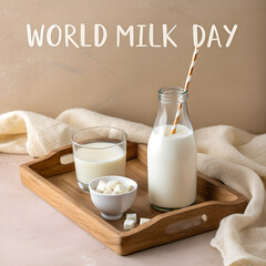 Fresh milk and sugar cubes on wooden tray for World Milk Day  