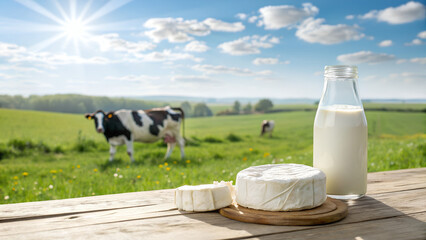 Fresh cheese and milk bottle on wooden table with cows in the field  