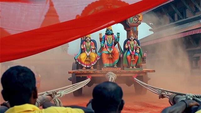 Rear view of devotees pulling ropes of a decorated temple chariot with Hindu deities. Men celebrating Ratha Yatra festival in a dusty street procession.