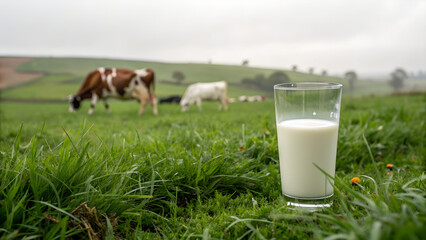 Glass of milk on grass with cows grazing in background  
