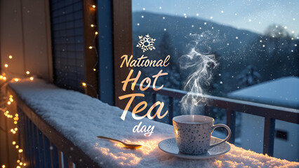 Cozy cup of steaming tea on snowy balcony during winter evening  