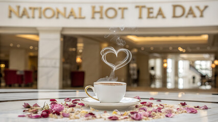 Steaming cup of tea with heart-shaped steam on flower petals  