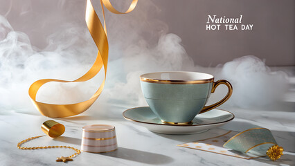 Elegant tea cup with golden ribbon and accessories on marble surface  