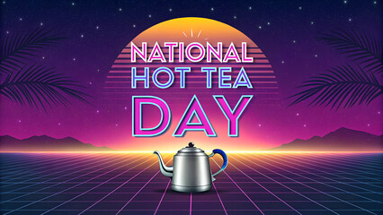 National Hot Tea Day celebration with retro neon design and teapot  