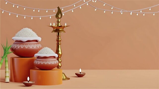 3D illustration of Happy Pongal festival background with rice pots, sugarcane and golden lamp. Traditional South Indian harvest celebration scene with copy space.