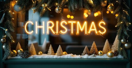 Festive window display features bright Christmas neon sign, pine branches, ornaments, miniature trees, snowy scene. Warm lighting creates cozy atmosphere.