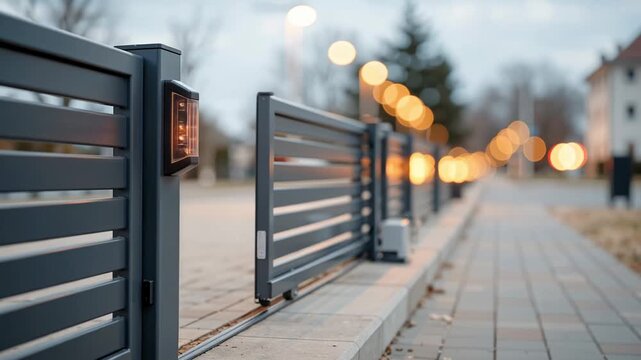 close up of an electric sliding gate in motion with an orange warning light illuminated as it opens along a residential driveway