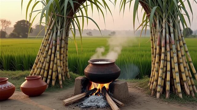 Traditional Pongal festival cooking in rural India. Clay pot boiling rice on wood fire between sugarcane bundles in a green farm field during harvest celebration.