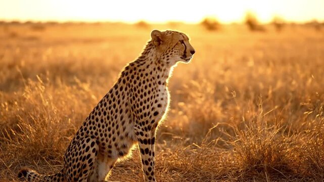 Wild cheetah sitting patiently in sunlit grass during a warm African sunset