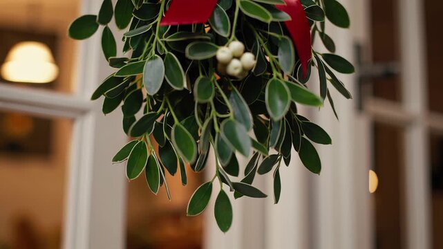 Holiday mistletoe wreath decorated with red ribbon and white berries  