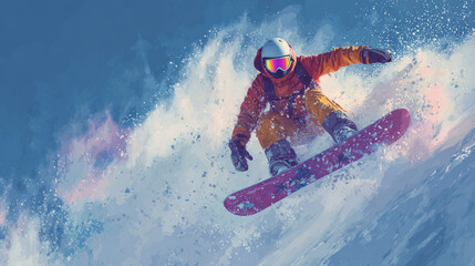 A snowboarder wearing a vintage blue outfit glides smoothly, creating