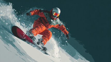A snowboarder wearing a vintage blue outfit glides smoothly, creating