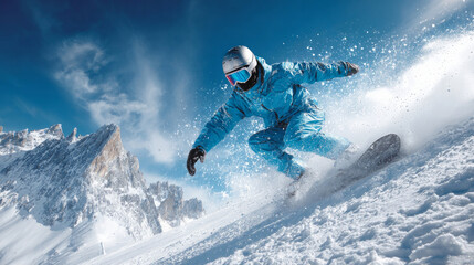 A snowboarder wearing a vintage blue outfit glides smoothly, creating