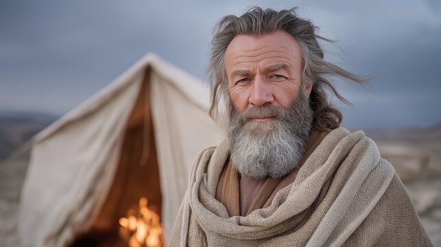 Jethro standing beside Moses&rsquo; tent at twilight, desert wind moving through his gray beard, simple shepherd cloak around him, fire embers glowing against the darkening sky.
