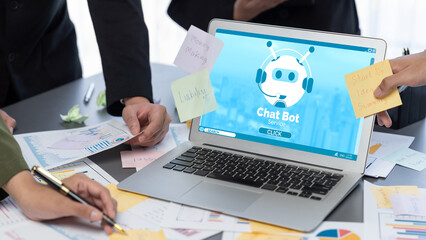 Analyst team use sticky note for creative and analytic brainstorm for business idea with BI data dashboard on laptop screen. Analysis financial data visualization tech for marketing strategy. Prodigy