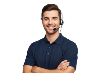Smiling male customer service representative wearing a headset with microphone and dark blue collared shirt isolated on transparent background