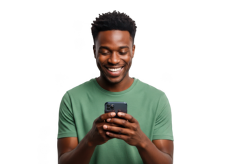 A smiling young black man wearing a green t shirt holding a smartphone and looking at the screen with joy isolated on transparent background