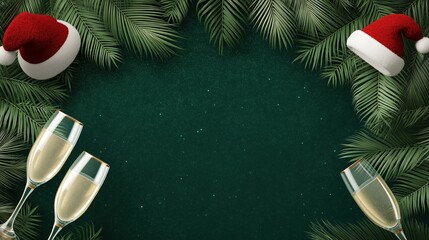top-view glamorous layout, fine premium glitter background, glossy palm leaves, santa hats, champagne glasses. Tropical Christmas, New Year party concept. Ad card
