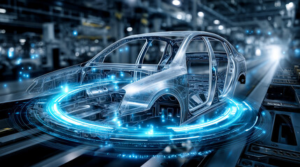 Fototapeta premium Revolutionizing Vehicle Production with Advanced Tech: Explore how technicians use advanced manufacturing technologies, including digital twin and smart production systems, to opti