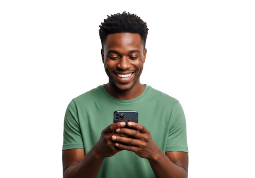 A smiling young black man wearing a green t shirt holding a smartphone and looking at the screen with joy isolated on transparent background