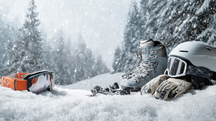 Winter sporting goods against the backdrop of a winter forest